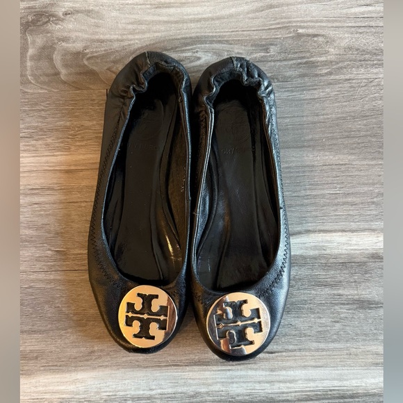 Tory Burch Shoes - Tory Burch Black Leather Flats with Gold Logo